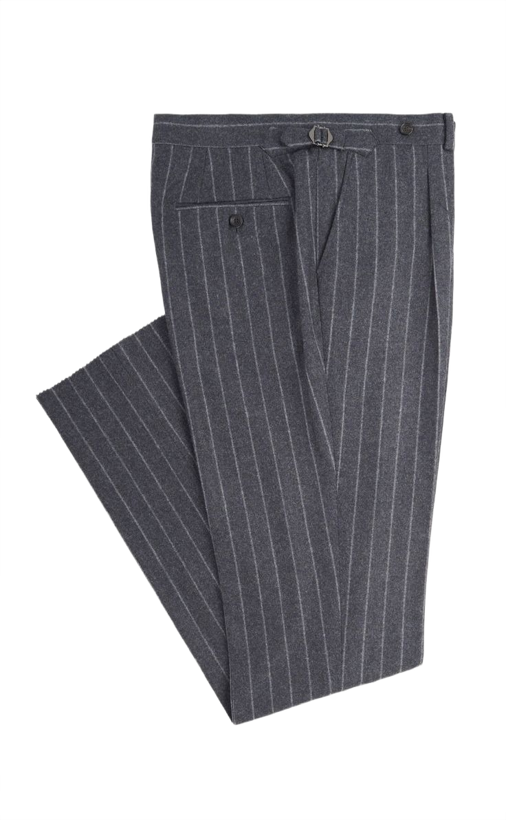 A classic straight cut trouser in a timeless mid-light grey wool, silk and linen blend, with mottled flecks and subtle off-white pinstripes