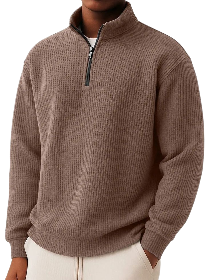 André Ferran Waffle Mock Neck Quarter-Zip Brown-XL