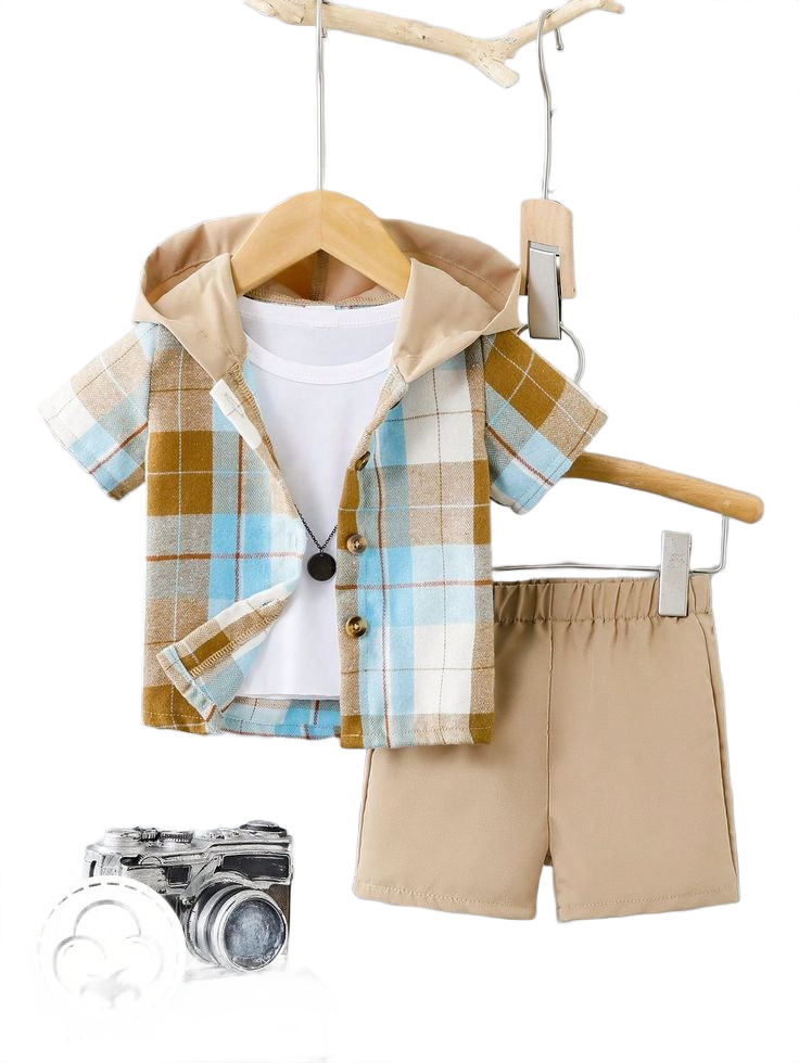 Baby Boys_ Plaid Hooded Shirt & Casual Shorts Set