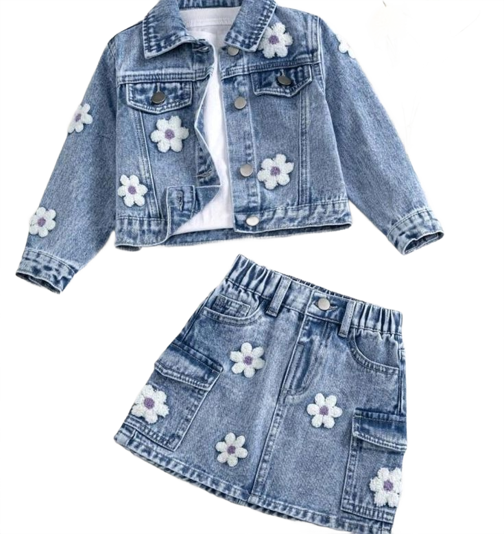 Baby Girl Soft Denim Gentle Floral Print Casual Comfortable Non-Stretch Sui