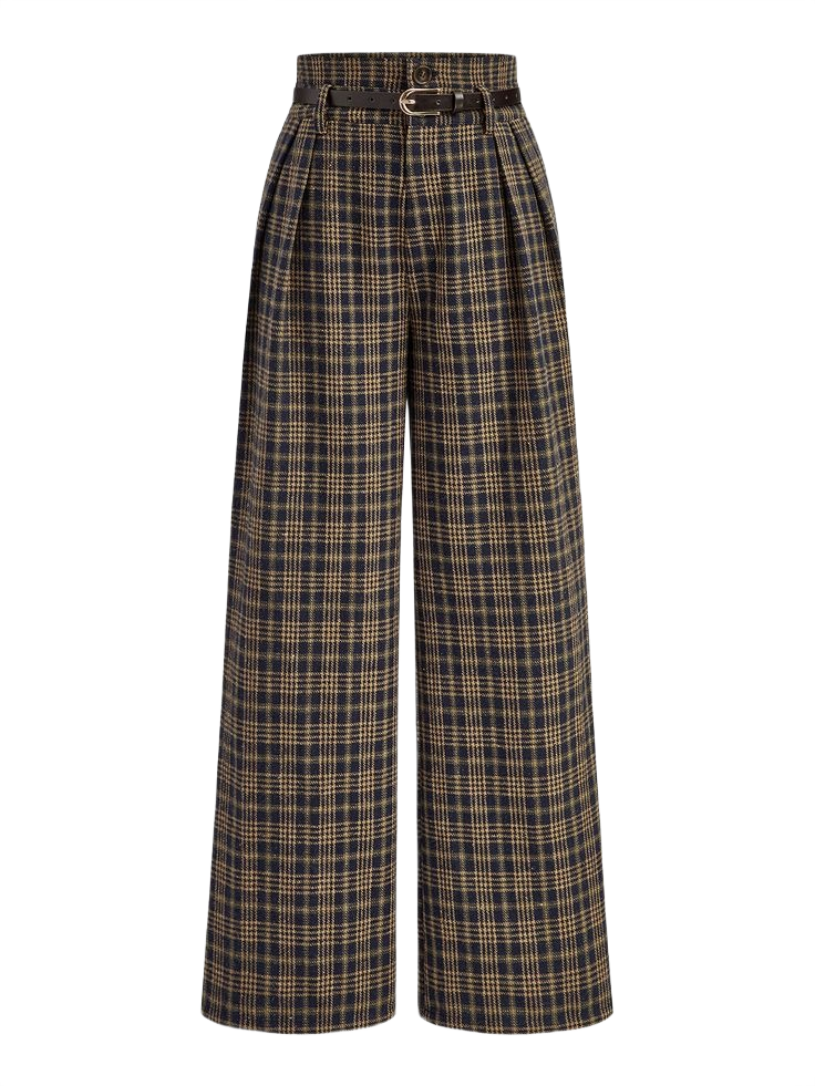 Belted plaid high-waisted pants