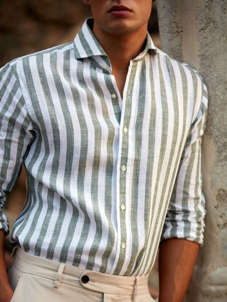 Block Striped Slim Fit Linen Shirt