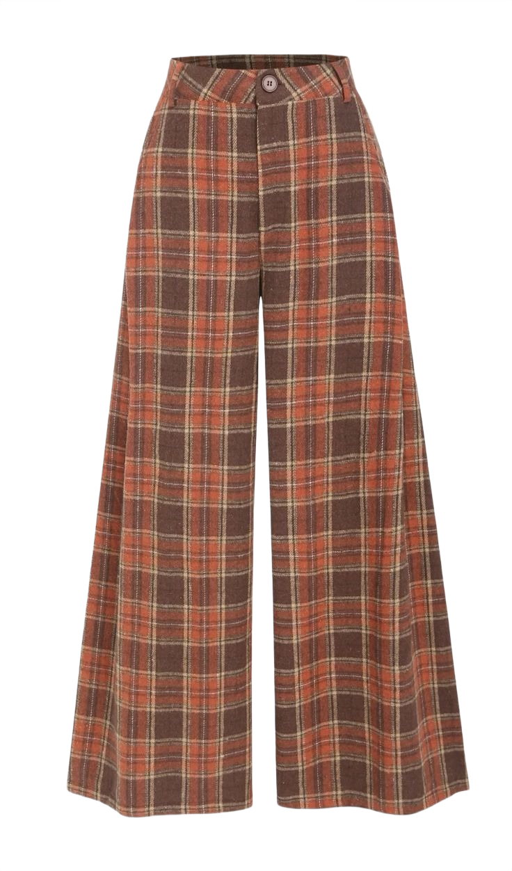 Flannel Check Button Wide Leg Trousers