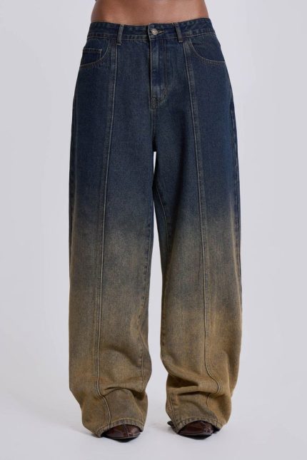 Gradient Color Denim Pants With Side Pockets wide leg