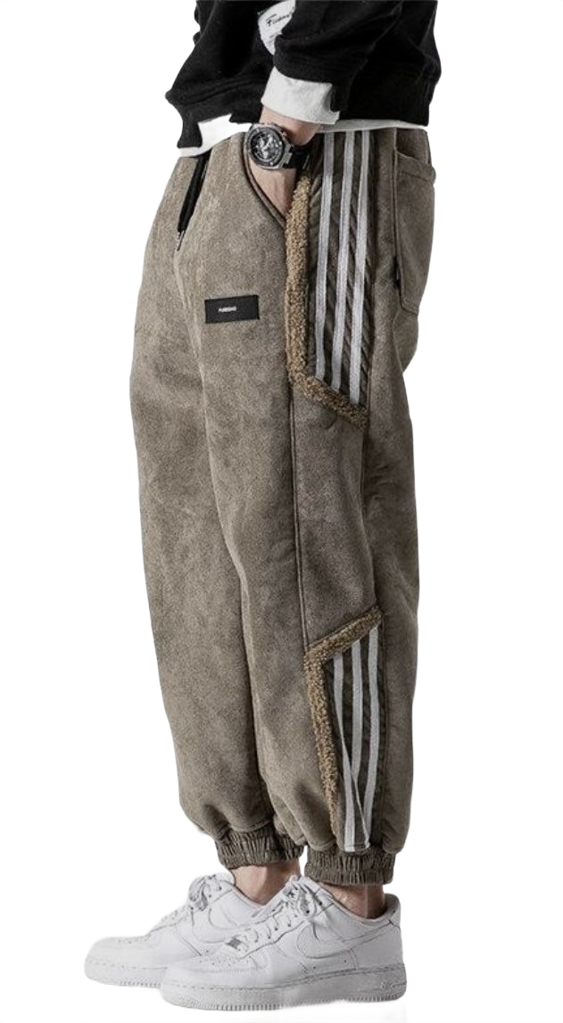 Jogger Trousers Men Fleece-Lined Relaxed Fit Striped Street Style