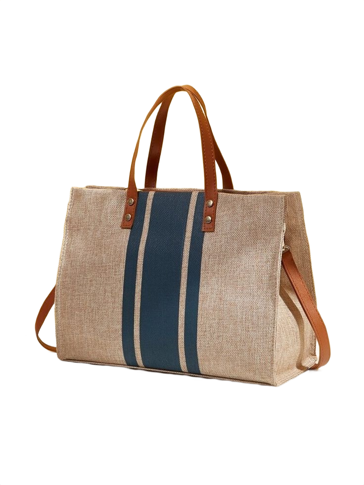 Jute Stripe Panel Tote Bag- Women Tote Bags at SHEIN_