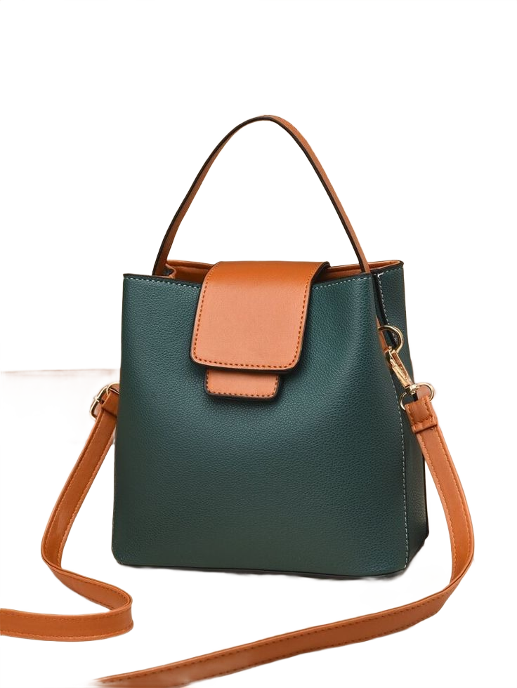 Leather Two Tone Flap Bucket Bag