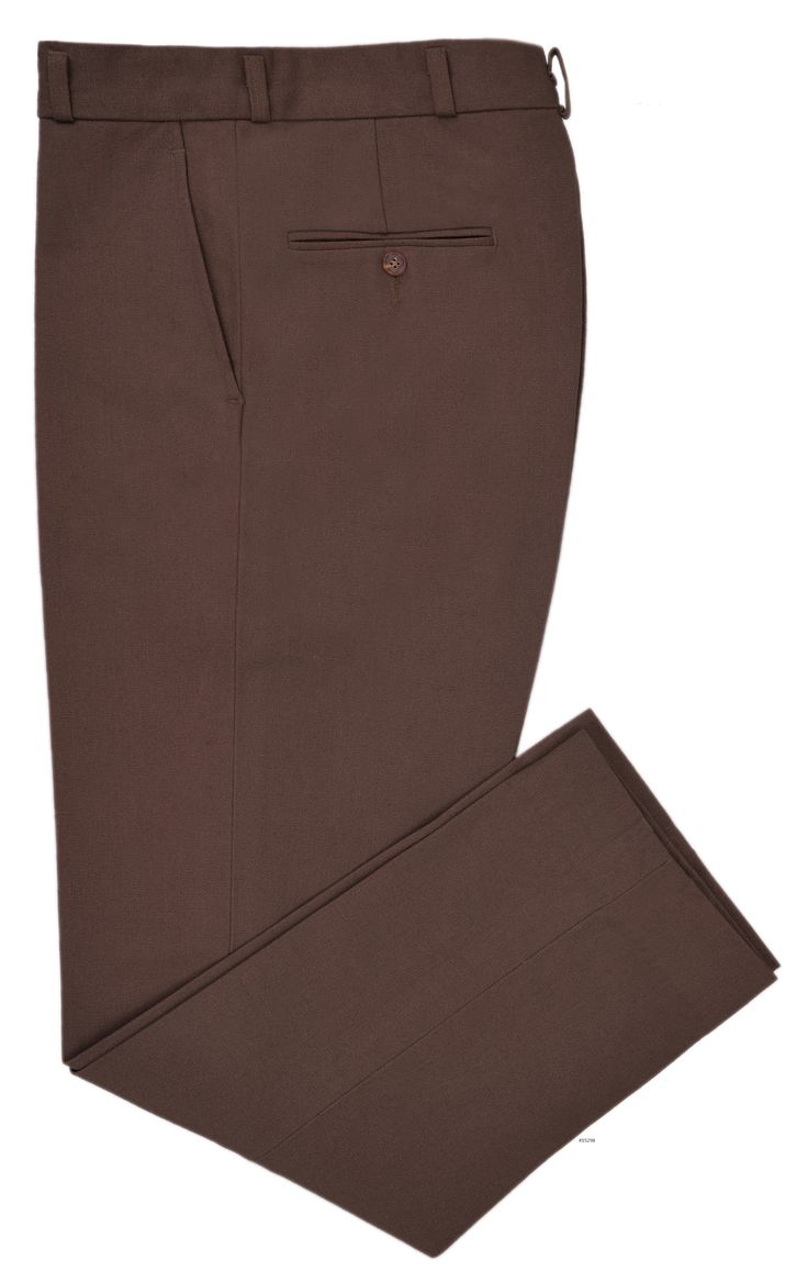 Luxire pants constructed in Chocolate Brown Duck Canvas_ Consists of standard extended closure with front slant pockets and 2 rear pockets with buttons_