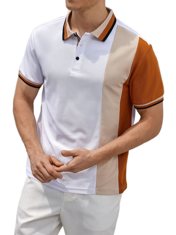 Men Fashionable Color Block Simple Classic Half Button Collar Going Out Casual Polo Shirt For Husband