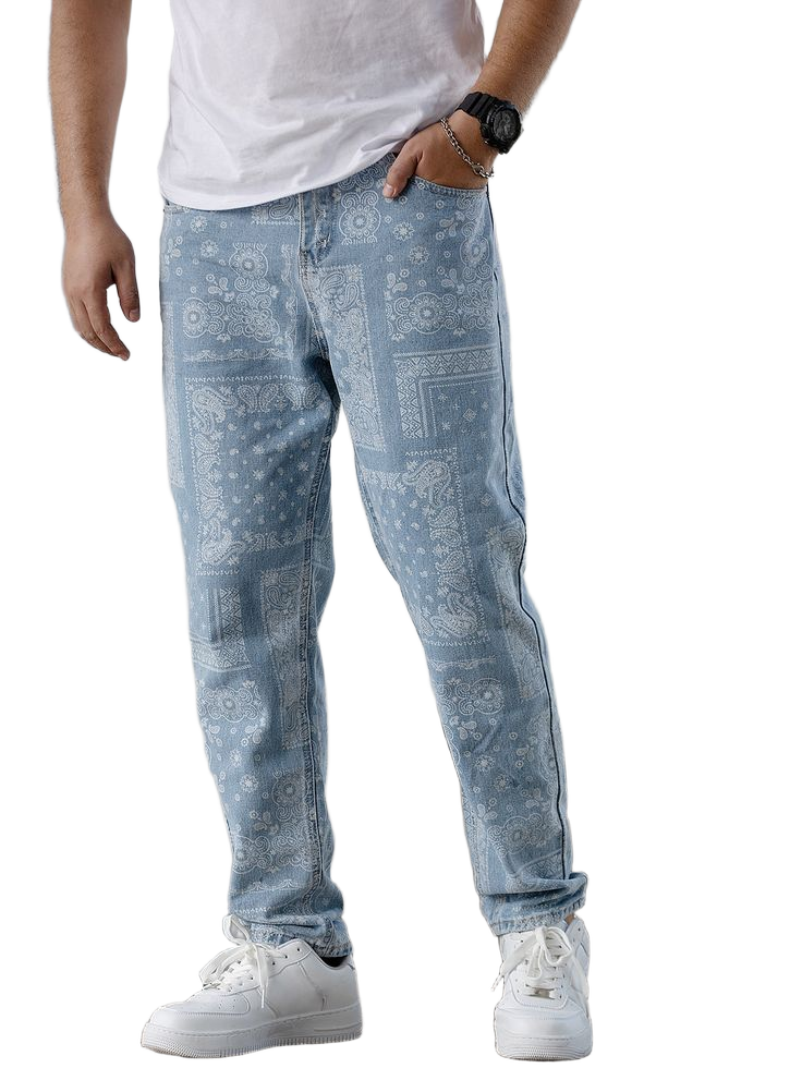 Men Paisley Scarf Print Slant Pocket Tapered Jeans