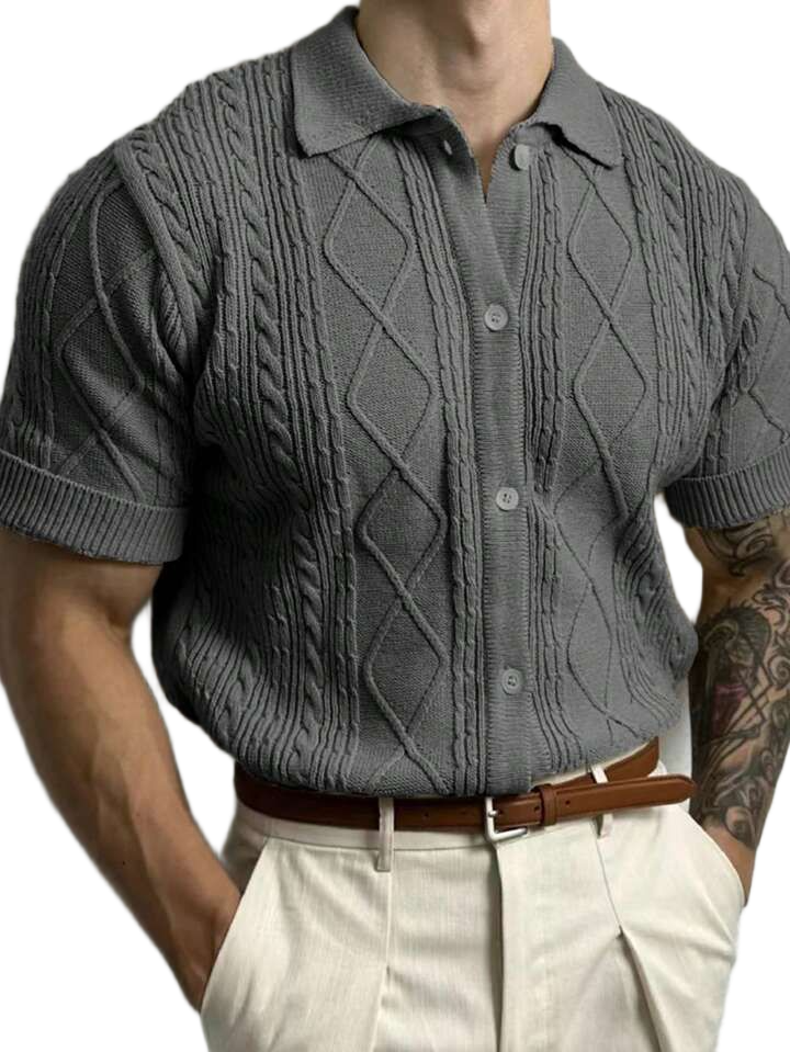 Men_s Button Front Collar Short Sleeve Cable Knit Sweater