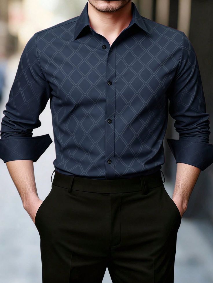 Men_s Diamond Check Print Long Sleeve Shirt, Dark Blue Shirt Men, Slim Fit Dress Shirt Men, Business Casual Men Shirt, Men_s Textured Dress Shirt, For Fall