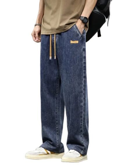 Men_s Drawstring Elastic Waist Washed Daily Matching Loose Straight Jeans 2