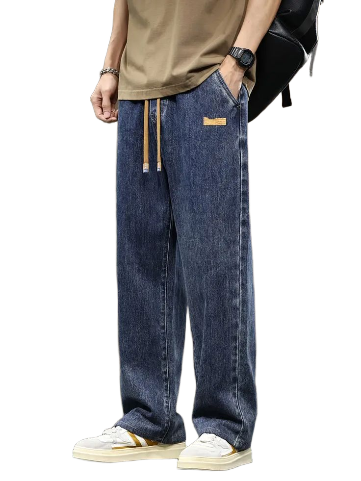Men_s Drawstring Elastic Waist Washed Daily Matching Loose Straight Jeans 2