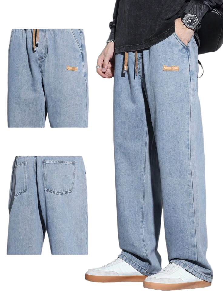 Men_s Drawstring Elastic Waist Washed Daily Matching Loose Straight Jeans
