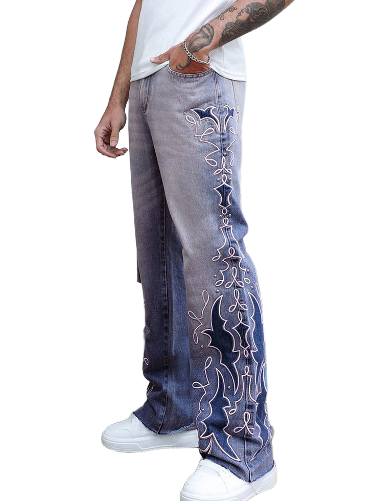 Men_s Embroidered Patch & Rivet Decorated Denim Jeans Bronze Avant-Garde - Wide Leg Non-Stretch-01