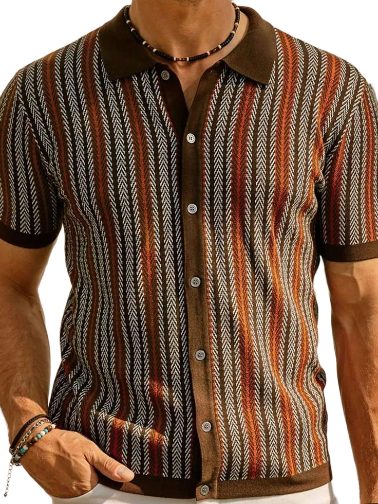 Men_s Premium Short Sleeve Knit Polo Shirt, New Summer Striped Jacquard Business Casual