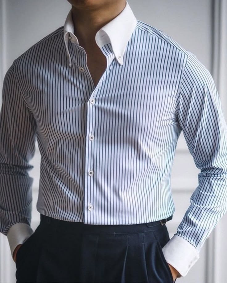 Men_s Slim Fit Pointed Collar Long Sleeve Shirt - Blue and white stripes _ M (2)