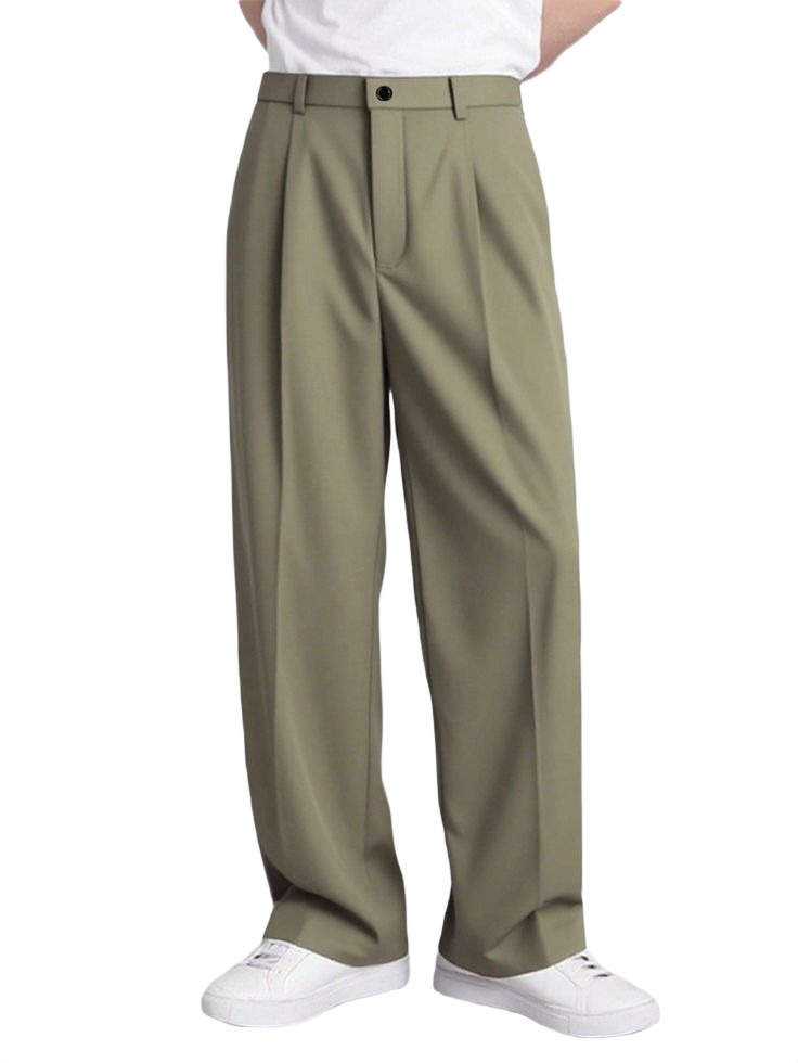 Men_s Solid Color Pleated Casual Formal Button Trousers Suit Pants Loose Pants