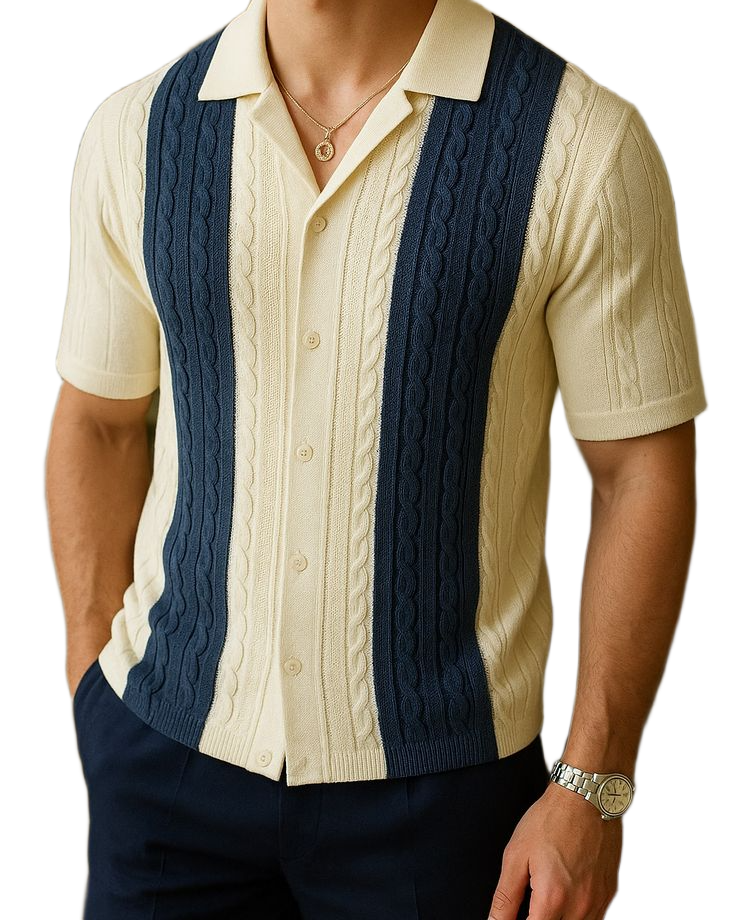 Men’s Short Sleeve Summer Knit Lapel Striped Polo Shirt