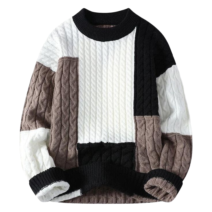 Mens Winter Round Neck Knitted Pullover Casual Color Block Sweater Loose Blouse