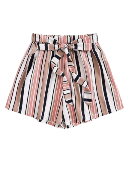 Multi-Striped Tie-Belt Shorts