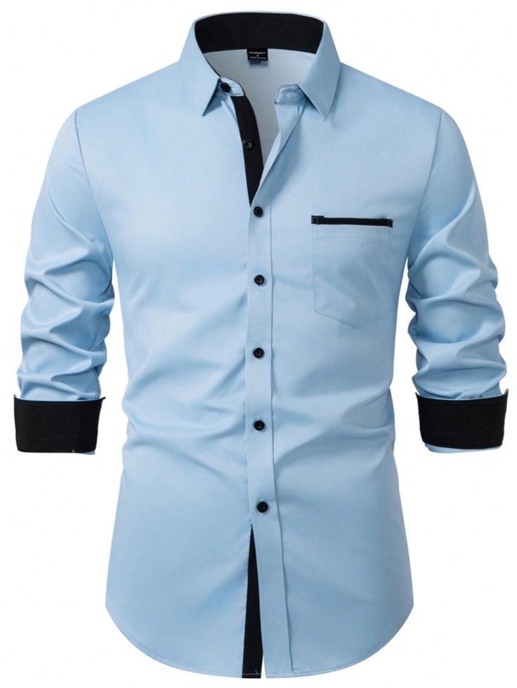 Plus Size Men_s Contrast Trim Pocket Decor Long Sleeve Casual Business Shirt 2