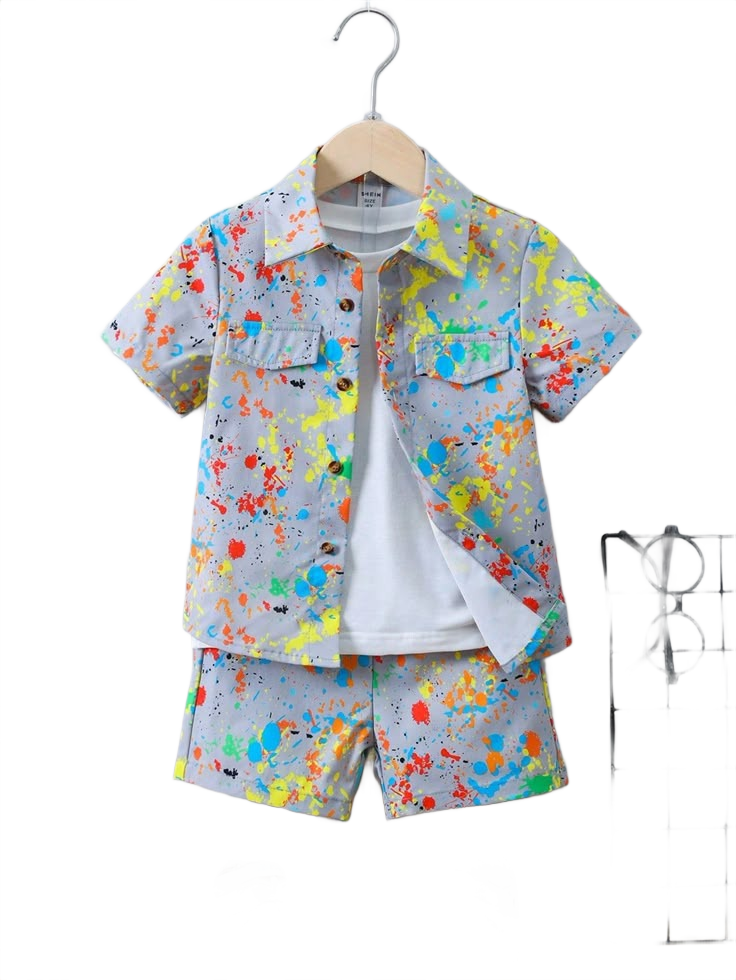 Toddler Boys Splash Ink Print Flap Detail Shirt & Shorts Set