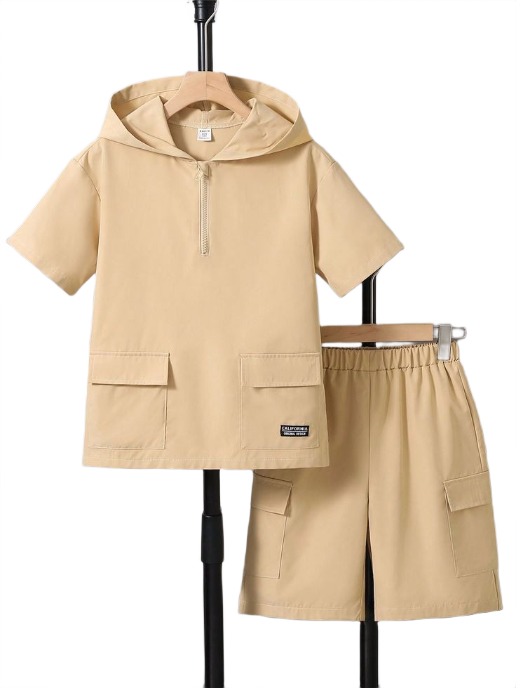 Tween Boy Summer Casual Two Piece Set_ Short Sleeve Shirt With Letters, Pockets, And Hoodie + Shorts With Workwear Detailing