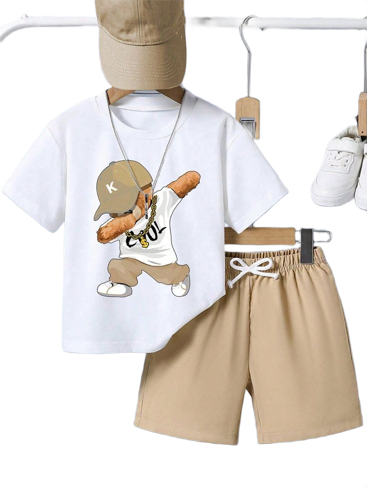 Tween Boys Cartoon Print Short Sleeve T-Shirt And Shorts Set, Summer Outfit