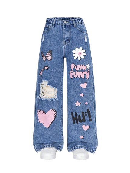 Tween Girls_ Graffiti Heart & Letter Print Y2K Style Loose Fit Wide Leg Distressed Vintage Wash Denim Jeans, Light Blue