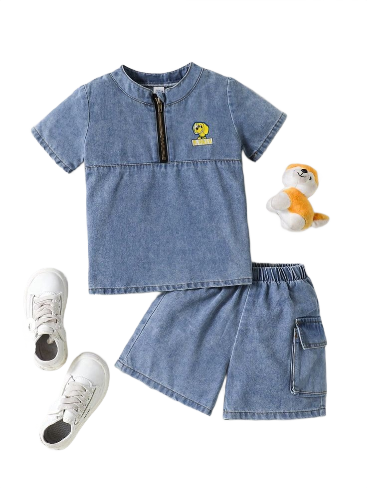 Young Boy Dog Print Short Sleeve Top And Denim Shorts 2-Piece Set