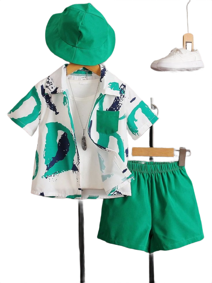 Young Boy Graphic Print Shirt & Shorts & Hat