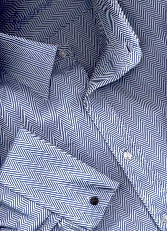 blue cotton shirt with a herringbone pattern, a French collar, and French cuffs