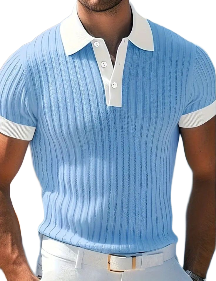 light blue ribbed knit short-sleeve polo shirt with a white collar and sleeve cuff