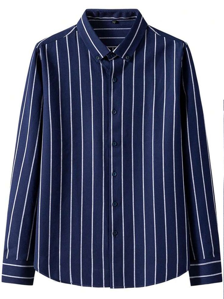 men_s navy blue and white vertical striped long-sleeve button-down shirt, Cotton and polyester blend