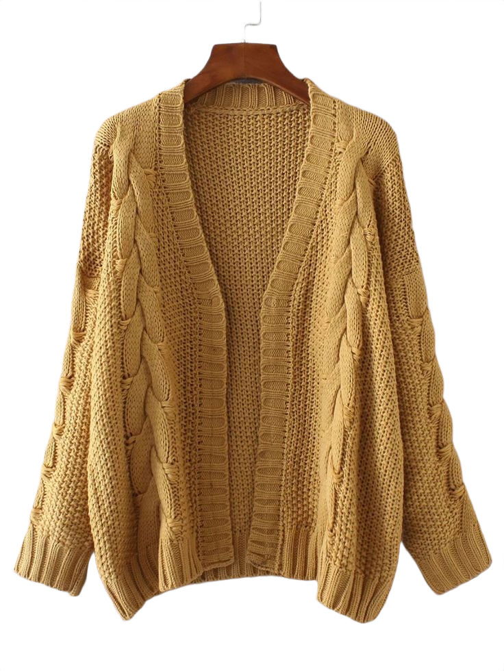 mustard yellow open-front cable-knit cardigan sweater
