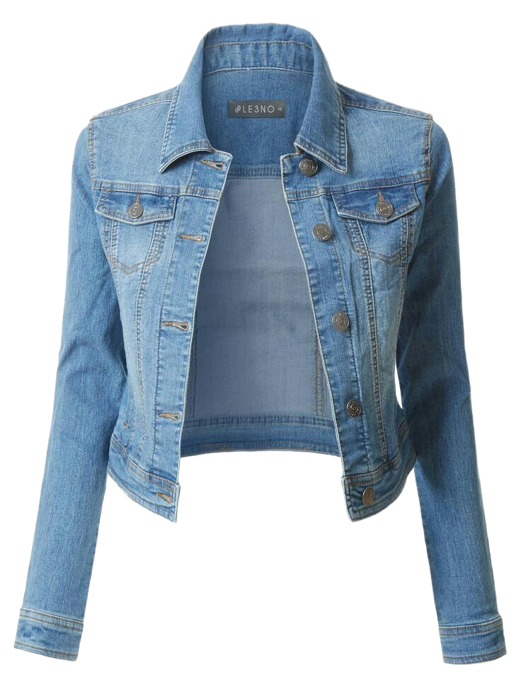 women_s long-sleeve, stretch-fitted, cropped denim jacket in a light blue stonewash finish